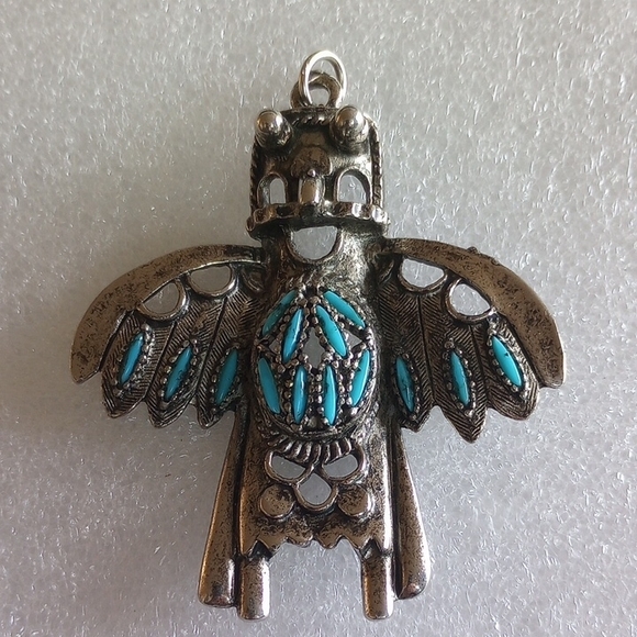 Vintage Navajo Silver plated Kachina Eagle Dancer Pendant Large Signed B.J. - Picture 2 of 7
